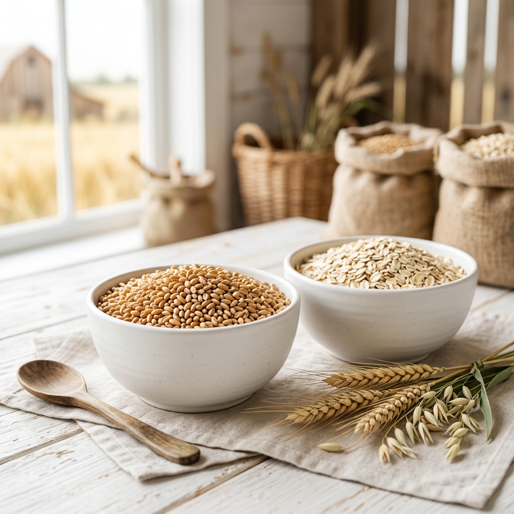 Granos y cereales en recipientes cerámicos